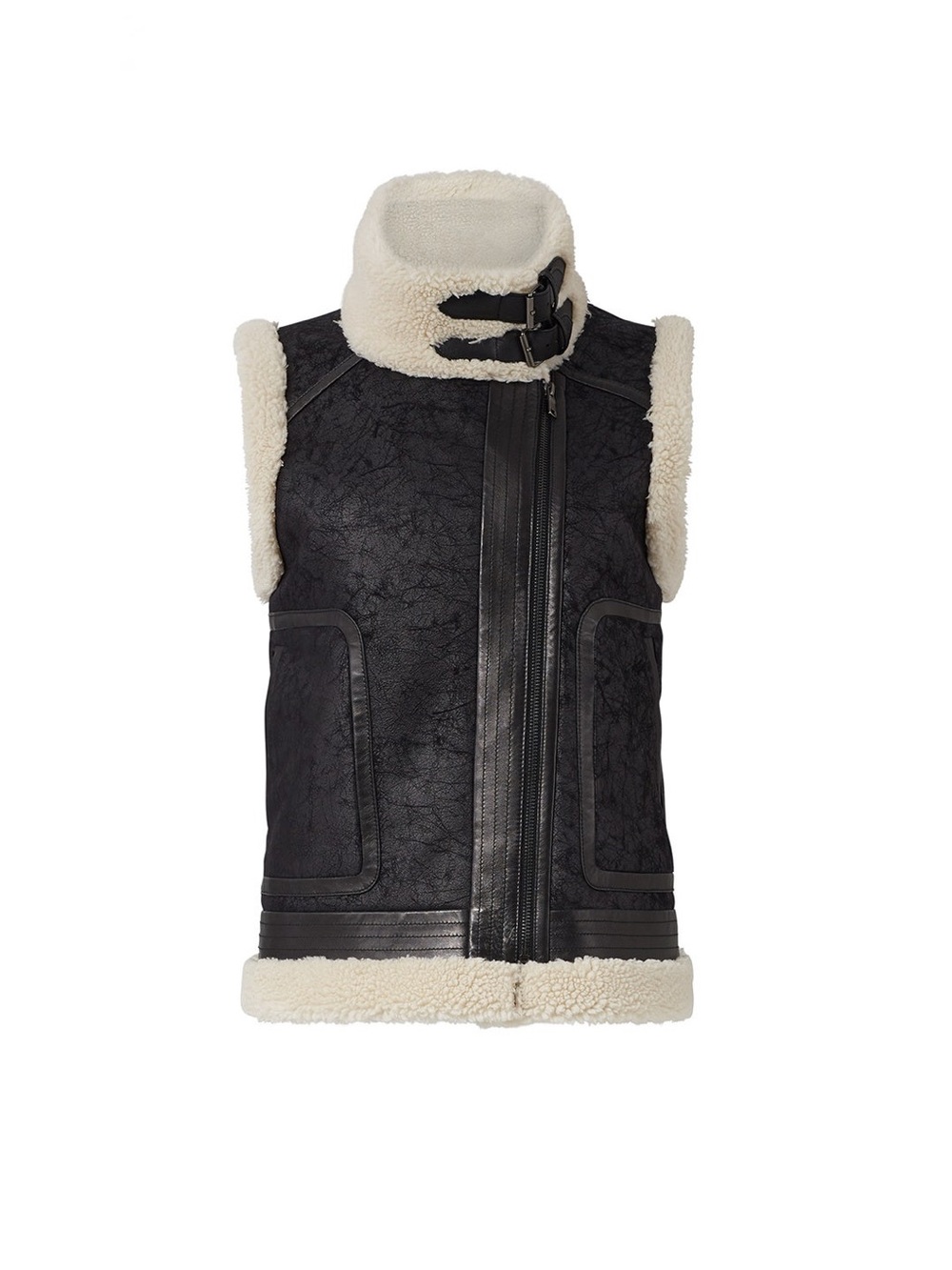 Joie Black faux Shearling-Trim Vest lamb leather with High Collar size small